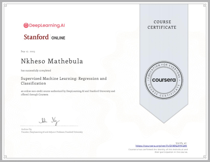 Supervised Machine Learning: Regression and Classification Certificate Preview